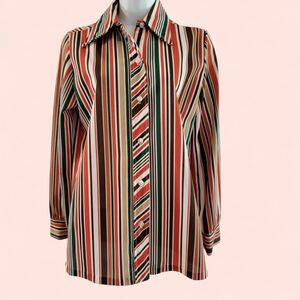 Vintage 70s Striped Dagger Collar Blouse Retro Mod Button Front Top